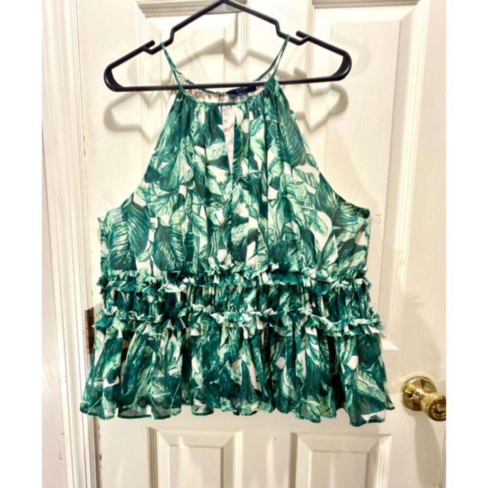 Kaari Blue Ruffle Green Palm Leaf Halter Top Size XL